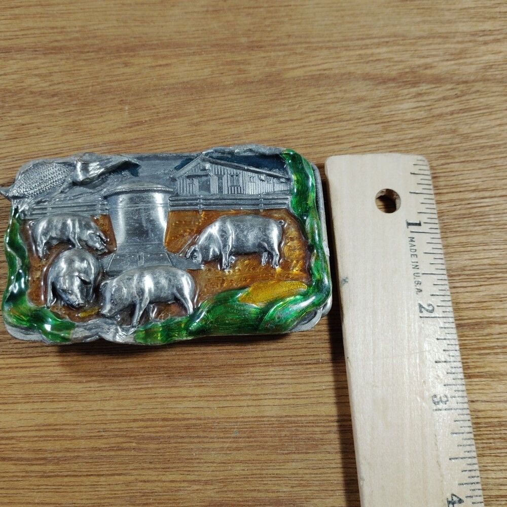 Vintage Bergamot Brass Works Belt Buckle Farm Barn Pigs Corn 1984 USA Enamel - Picture 4 of 10